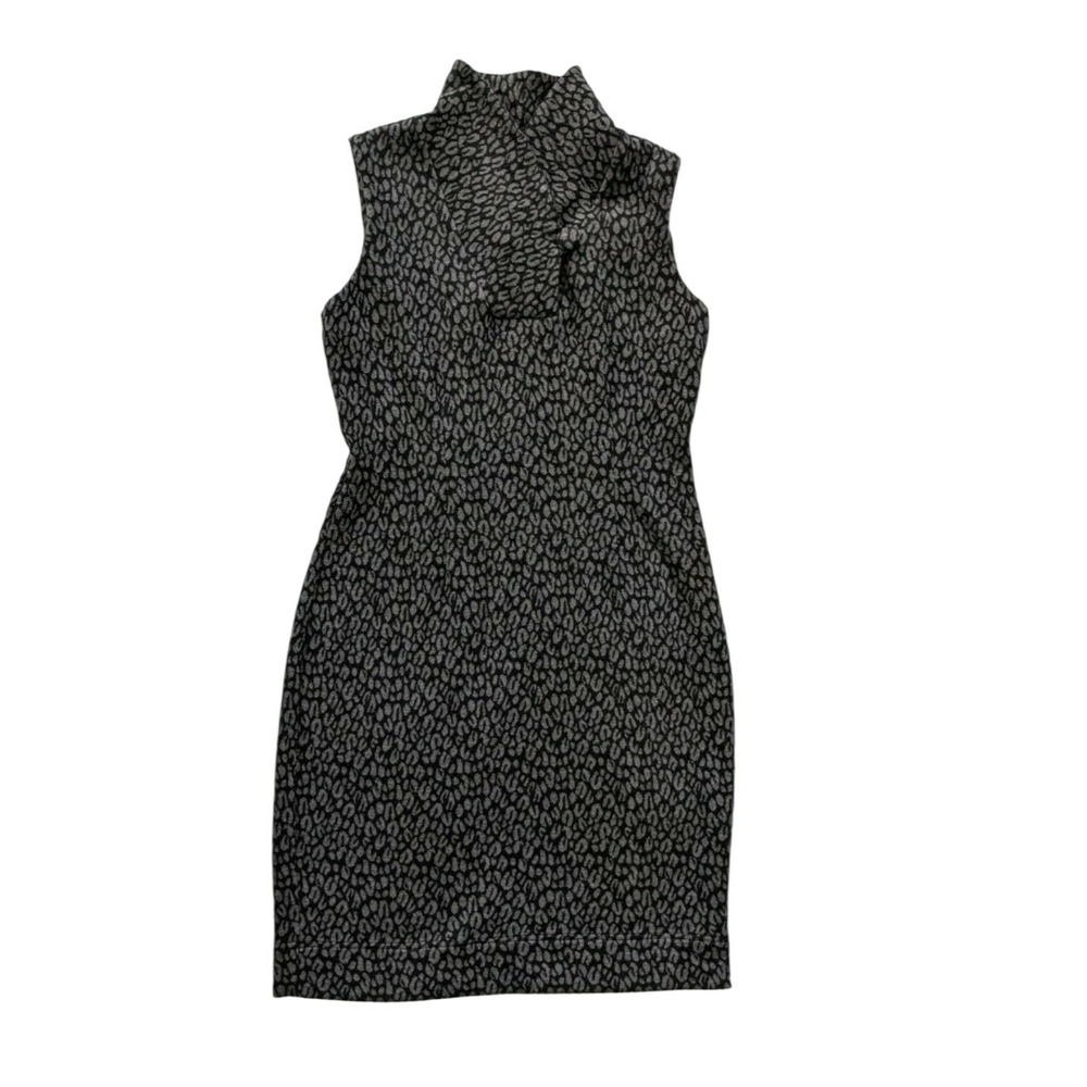 Calvin Klein Black Grey Leopard Print Mock Neck Sleeveless Sheath Dress Women's